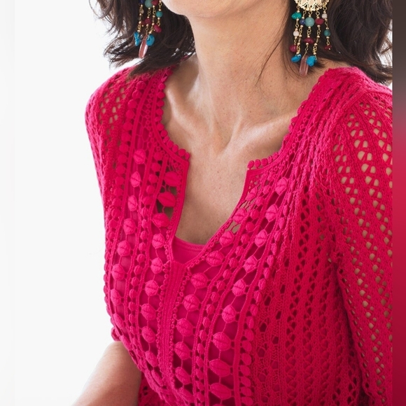 CHICO'S Crochet Detail Jamie Pullover Top Sz 3/L in Raspberry Cottagecore Fairy - Picture 2 of 12